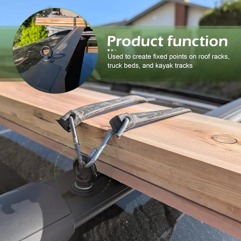4 Pack M8 Stainless Steel T Track Tie Down Anchors securing wood on a roof rack with slots and bolts visible