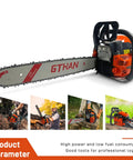 Gas Chainsaw With 60Cc 2 Cycle Engine 4 HP 8500 RPM 20 Inch Bar displayed with product parameters.