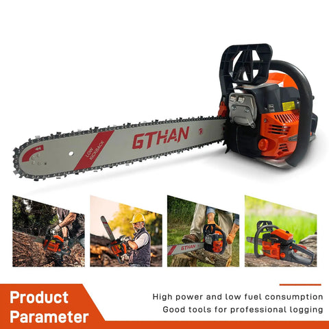 Gas Chainsaw With 60Cc 2 Cycle Engine 4 HP 8500 RPM 20 Inch Bar displayed with product parameters.