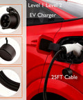 Portable Level 1 And Level 2 EV Charger With 25 Ft Cable J1772 16 Amp Dual Voltage 120V 240V connected to red electric vehicle