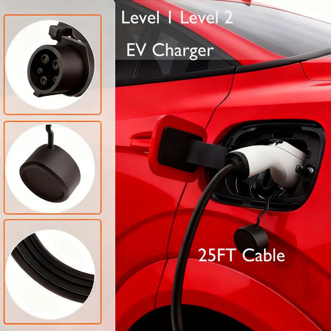 Portable Level 1 And Level 2 EV Charger With 25 Ft Cable J1772 16 Amp Dual Voltage 120V 240V connected to red electric vehicle