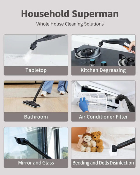 Handheld Steam Cleaner Mop With 50 Oz Tank Delivers 293 Degree Jet Hot Steam Pressure For Deep Cleaning Carpets Floors And Cars Powerful Heavy Duty Steamer Includes 21 Nozzles For Cracks And Tile Work Effortless Home Care Tool Turquoise Finish in use on various home surfaces.