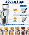Smooth Operator Automatic Bag Weighing And Packing Filler With Dual Vibration Feed showing large and small outlets for grains.
