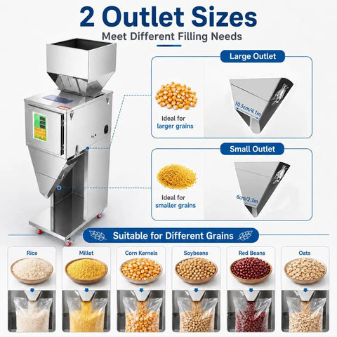 Smooth Operator Automatic Bag Weighing And Packing Filler With Dual Vibration Feed showing large and small outlets for grains.