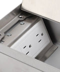 No Hassle Recessed Floor Electrical Outlet Kit Sporting Four Slick Power Sockets Forged From Heavy Duty Stainless Steel, showing interior design with power plugs.