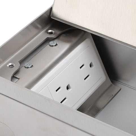 No Hassle Recessed Floor Electrical Outlet Kit Sporting Four Slick Power Sockets Forged From Heavy Duty Stainless Steel, showing interior design with power plugs.