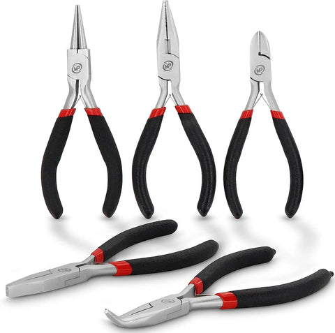 Five Piece Needle Nose Pliers Set With Anti Slip Comfort Grips For Jewelry Making Includes Round Nose Toothless Needle Nose Flat Nose Diagonal And Toothed Needle Nose Pliers In Durable Pouch Made From Nickel Plated Carbon Steel