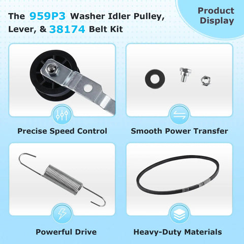 Pro Grade Washer Idler Pulley Kit And Drive Belt Set For Heavy Duty Commercial Washers Compatible With Speed Queen Huebsch Primus Unimac Ipso Cissell Econo Replacement Part 2020782 AP4489045 PS12192030 38225P 2024925 with pulley, belt, spring, and hardware