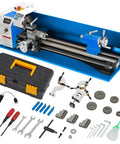 Hosslly 1100W Brushless Benchtop Metal Lathe, 9x30 Inch Size, tools and accessories laid out beside the lathe.