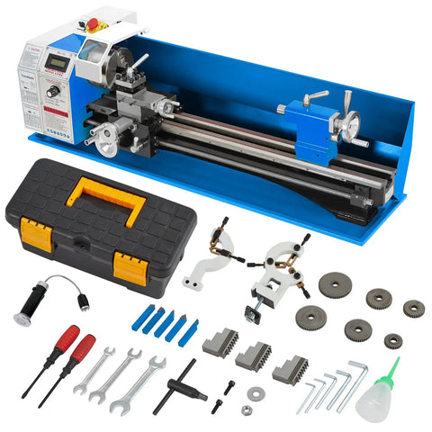 Hosslly 1100W Brushless Benchtop Metal Lathe, 9x30 Inch Size, tools and accessories laid out beside the lathe.