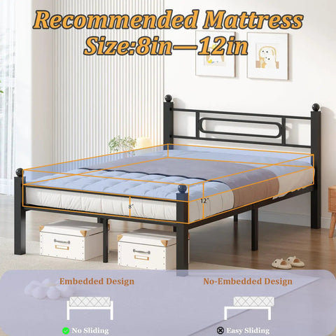 Top Shelf Black Metal Full Bed Frame With Headboard And Steel Slat Base Built Like A Tank For Solid Stability Plus Deep Under Bed Storage Making Zero Tool Setup A Real Breeze While Skipping Box Spring Keeps Your Bedroom Solid with recommended mattress size 8-12 inches.