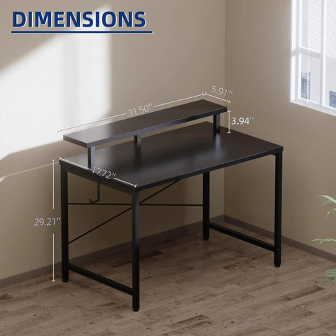 Compact 31.5 Inch Computer Desk With Monitor Stand And Headphone Hook For Small Spaces shown in corner of room, black.
