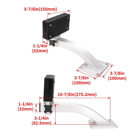 Front view of HECASA universal 90-degree trolling motor bracket with aluminum deck mount and nylon clamp