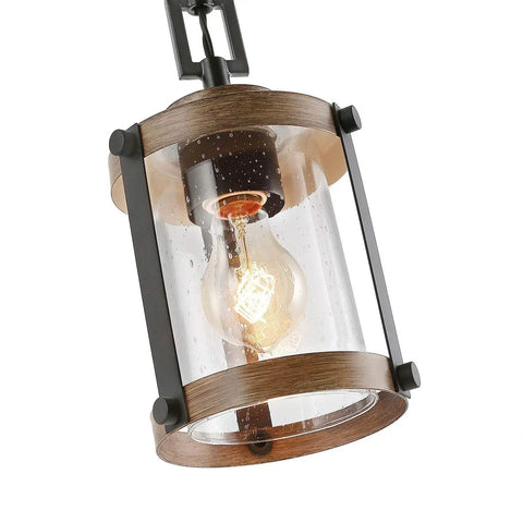 Farmhouse Pendant Lighting For Kitchen Island With Faux Wood Metal Frame And Bubbled Glass Shade For A Cozy Rustic Vibe