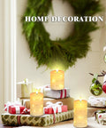 Ivory Real Wax Flameless Taper Candles Set Of 3 With Copper String Lights on Holiday Gift Table with Green Wreath