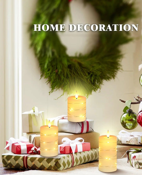 Ivory Real Wax Flameless Taper Candles Set Of 3 With Copper String Lights on Holiday Gift Table with Green Wreath
