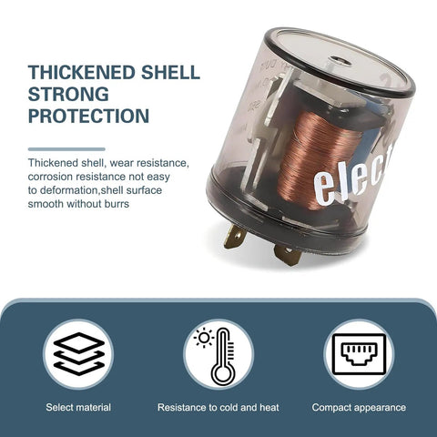 Universal 2 Pin 12Volt Automotive Flasher Relay Featuring Heavy Duty Copper Coils And Bombproof Sealed Housing For Dead Reliable Turn Signal Blinker Swap with thickened shell and copper coil.