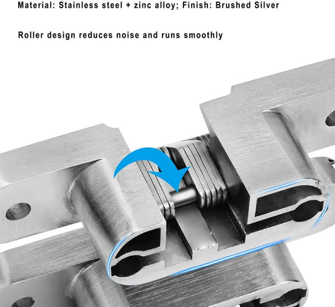 Close-up of 2 Pack Stainless Steel 304 Hidden Hinge With Silent Close, showing brushed finish and durable cross pin, 13x45mm.