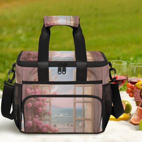 Insulated Picnic Backpack Lunch Bag With Roomy 12 By 8.7 By 10 Inch Interior on a picnic blanket with snacks and drinks.