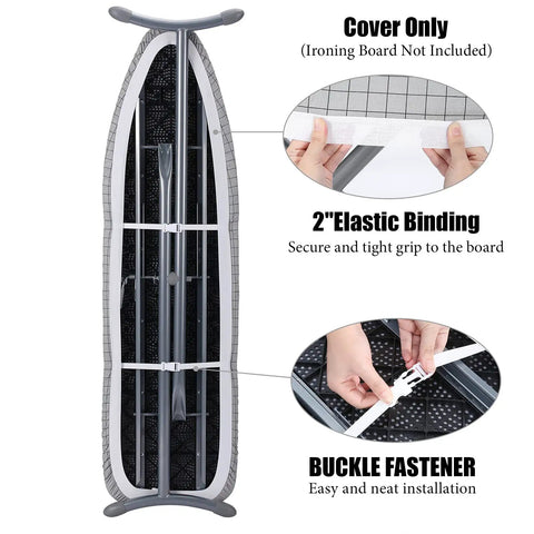Back view of four layer thick ironing board cover and pad with elastic 2 inch band, two click buckles, fits 15 by 54 inch boards