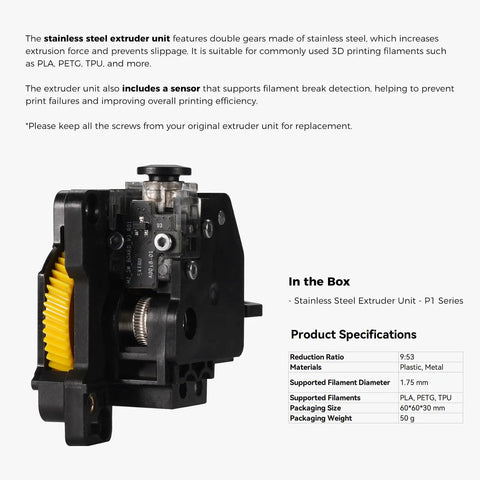 P1 Extruder Unit With Dual Gear For P1P P1S 3D Printer, Beefed-Up Extrusion Force, Filament Break Detection, Anti Slip Toolhead