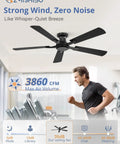 52 Inch Flush Mount Ceiling Fan With Remote Control in black, shown indoors, highlighting quiet DC motor and low-profile design