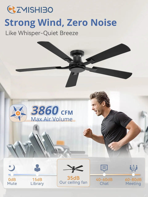 52 Inch Flush Mount Ceiling Fan With Remote Control in black, shown indoors, highlighting quiet DC motor and low-profile design