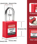 Image of 2 Pack Lockout Tagout Locks with Red LOTO Tags Kit Keyed Alike 2 Keys Per Lock Safety Padlocks OSHA Compliant Do Not Operate Danger Tags for Industrial Safety, showing padlock dimensions and key retaining feature.