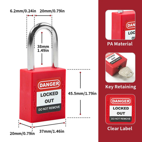 Image of 2 Pack Lockout Tagout Locks with Red LOTO Tags Kit Keyed Alike 2 Keys Per Lock Safety Padlocks OSHA Compliant Do Not Operate Danger Tags for Industrial Safety, showing padlock dimensions and key retaining feature.