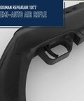 Close-up of 177 Caliber CO2 Semi Auto Air Rifle with 12 shot magazine showing trigger and black finish
