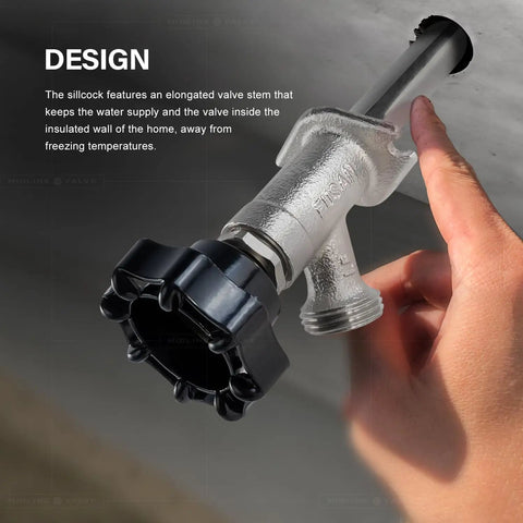 Hand holding 10 Inch Frost Free Sillcock Outdoor Faucet With Chrome Plated Brass Body Half Inch PEX Inlet To Three Quarter Inch Male Hose Thread Outlet Lead Free Built For Year Round Use And No Freeze Drama In Your Yard