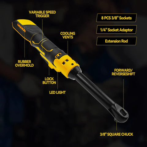Aepiraza 3/8 Inch Extended Cordless Ratchet Wrench With Led Light And High Torque For De-walt 20v Battery Electric Impact Gun Power Tool Only Long Reach Design For Tight Spaces