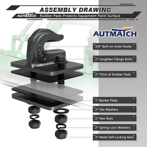 Beefy Workhorse 3/8 Inch Bolt On Tractor Bucket Grab Hook Grade 70 Assembly Drawing with Components Breakdown