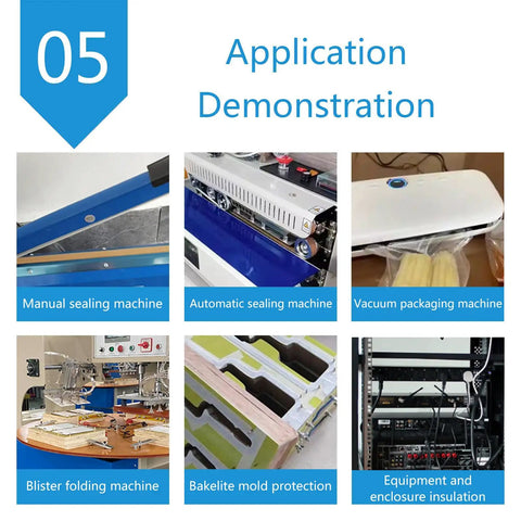High Temp PTFE Tape For Heat Press Sublimation 300mm X 10m Roll displayed with various sealing machines and applications.