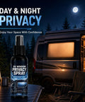 Glass Frosting Spray 30ml Translucent Portable Privacy Agent on table with RV in background and illuminated interior.