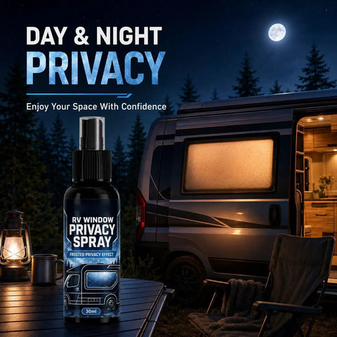 Glass Frosting Spray 30ml Translucent Portable Privacy Agent on table with RV in background and illuminated interior.