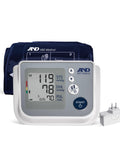 Front view: A&D UA-767FAC home blood pressure monitor with wide 22–42 cm cuff and power adapter.