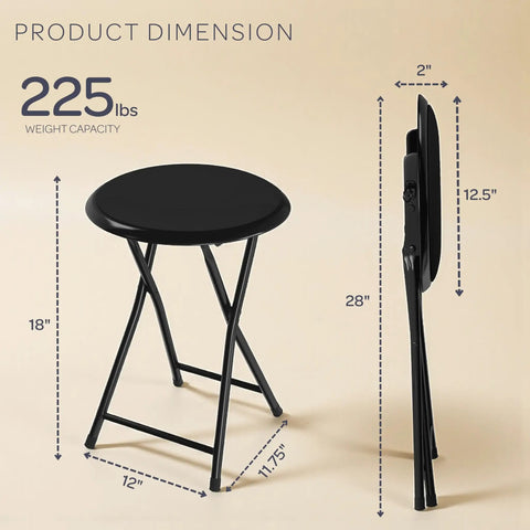 Backless Folding Stool 18 Inch With 225 Lb Capacity, Ultra Slim Indoor Bar Stool dimensions and folded view