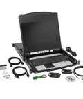 16 Port DisplayPort Kvm Switch Console Featuring 17 Inch Lcd Monitor Rackmount with keyboard, touchpad, and cables.