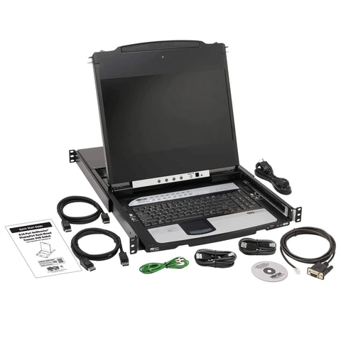 16 Port DisplayPort Kvm Switch Console Featuring 17 Inch Lcd Monitor Rackmount with keyboard, touchpad, and cables.