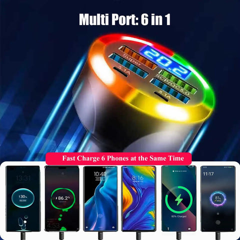 Heavy Duty USB C Car Charger Adapter With Built In Volt Meter And Voltage Display Dang Fast Charging Hub for 6 devices