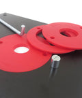 Professional Grade Anodized Aluminum Router Table Insert Plate 9 X 12 Inch with three red spacers and mounting tool