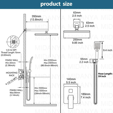 Product size diagram for 10 Inch Rain Shower System With Wall Mount And Pressure Balance Valve ABS Handheld Shower And Rain Head