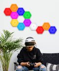 Hexagon LED Wall Panels 6 Pack With Remote And Touch Control, 13 Color RGB Modular DIY Wall Lights, room decor with a gamer