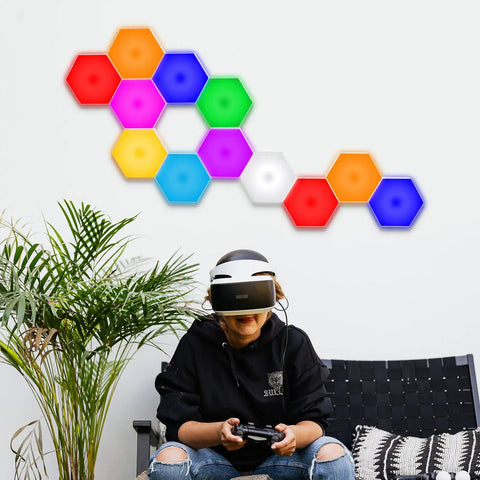 Hexagon LED Wall Panels 6 Pack With Remote And Touch Control, 13 Color RGB Modular DIY Wall Lights, room decor with a gamer
