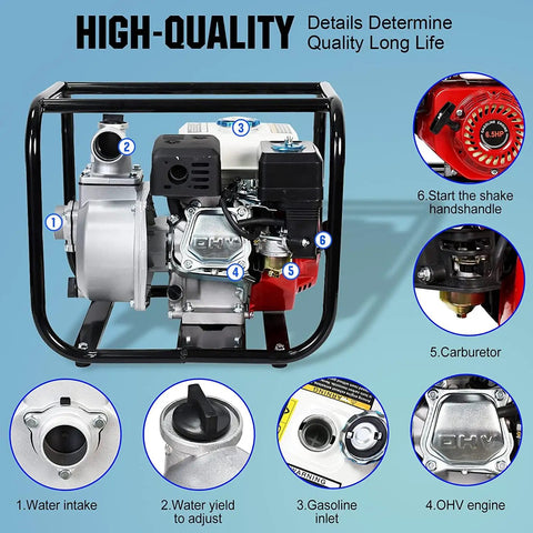 Gas Powered 2 Inch Semi Trash Water Pump With 212cc 4 Stroke Engine 158 GPM High Flow 26 Feet Suction 105 Feet Lift Heavy Duty