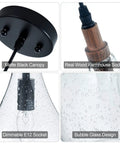Cozy Farmhouse Seeded Glass Pendant Light With Wooden Teardrop Socket, matte black canopy, bubble glass detail