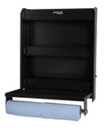 Aluminum Work Station Storage Cabinet With Flip Out Work Tray And Paper Towel Rack Organizer For Enclosed Race Trailer Shop And Garage Storage In Black Heavy Duty Space Saving Design, shown open with a roll of blue paper towels.