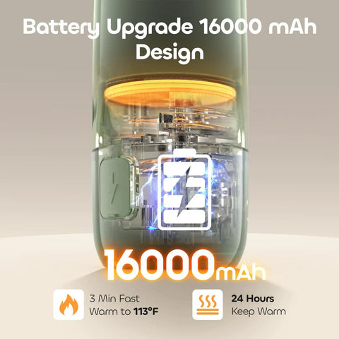 Close-up of Hit The Road Ready Bottle Warmer For Quick Breast Milk And Formula Heat On The Fly Fastcharge 16000mAh battery design.