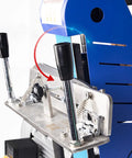 Heavy Duty Stainless Steel Handheld Knife Sharpener Jig With Adjustable Angle Grinding Workbench and Belt Sander Mount setup close-up of adjusting knobs.